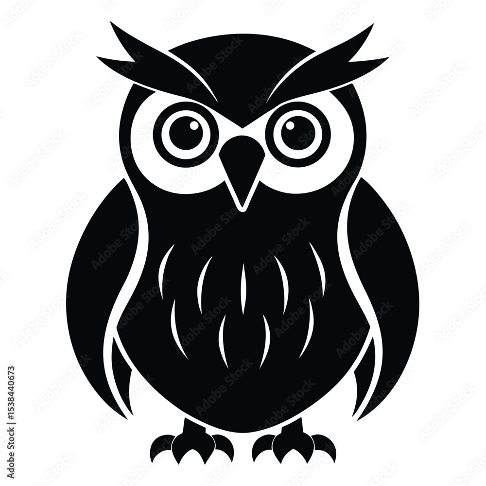 Fototapeta premium Black silhouette of an owl with rounded eyes standing firmly against a white background