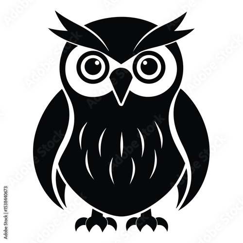 Black silhouette of an owl with rounded eyes standing firmly against a white background