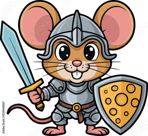 Brave Mouse Knight A cute cartoon mouse, clad in shining silver armor, bravely holds a sword and a cheese shield.  Its big.