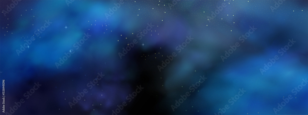 Fototapeta premium Luxury navy blue night sky background with golden stars, magical glitter, and bokeh sparkle. 