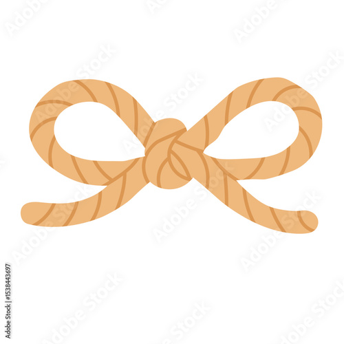 Cartoon rope tied in a bow. Flat vector illustration in nautical style with warm yellow color.