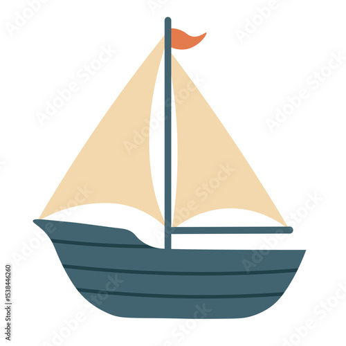 Cartoon sailboat with beige sails and flag. Flat vector illustration in soft marine color style.
