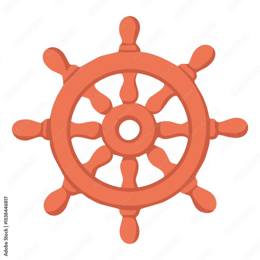 Obraz premium Cartoon ship steering wheel in flat style. Vector marine illustration in warm orange color.