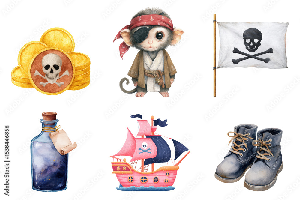 Obraz premium Watercolor Pirate Theme Set Monkey Gold Coins Skull Flag Ship Boots Bottle transparent background