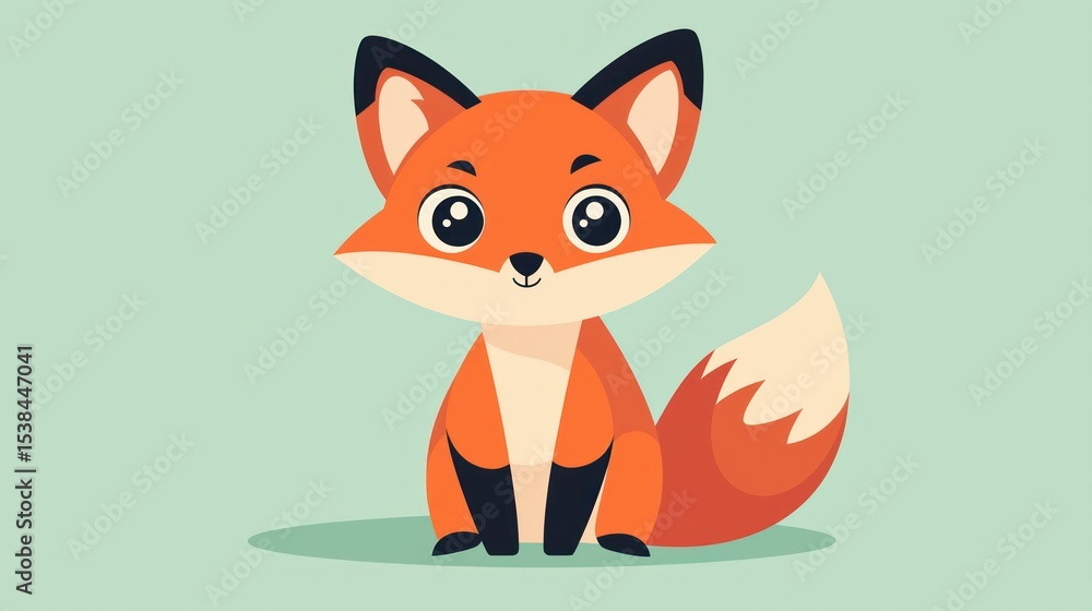 Obraz premium Cute cartoon fox, sitting, simple background, children's book illustration, digital art
