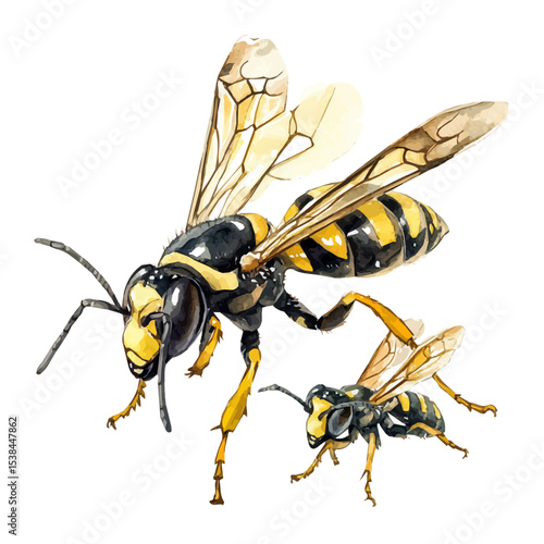 A Mother Wasp With Her Kid, watercolor painting vector, isolated on a white background.