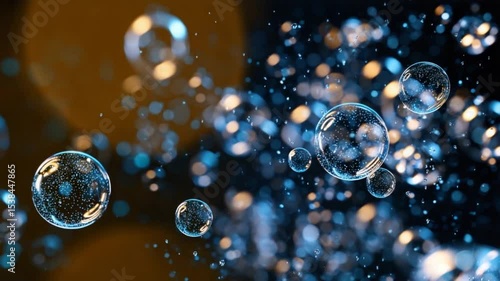 Bubbles floating in a shimmering blue and orange background with sparkling light effects