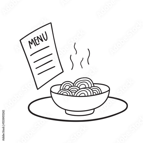 A bowl of udon resting on a tray near a restaurant menu