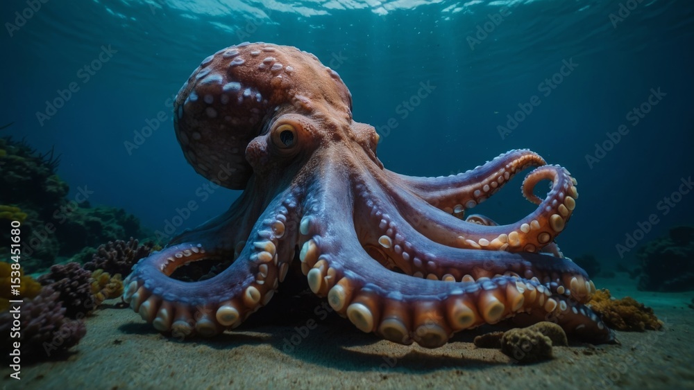 Fototapeta premium Detailed Underwater View of an Octopus on the Ocean Floor with Coral Reef