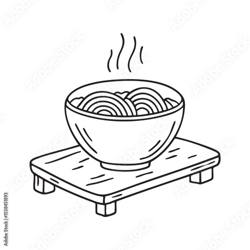 A bowl of udon served on a wooden tray