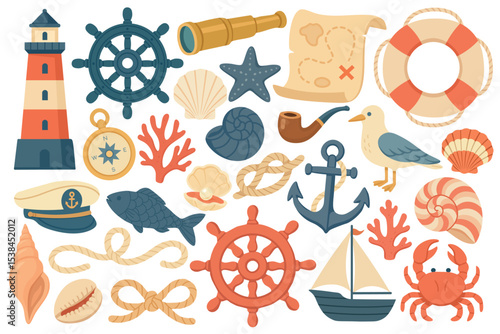 Vector nautical clipart collection with sea creatures, steering wheels, ropes, shells and sailing items.