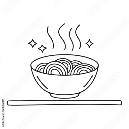 A bowl of udon with steam rising on a kitchen counter