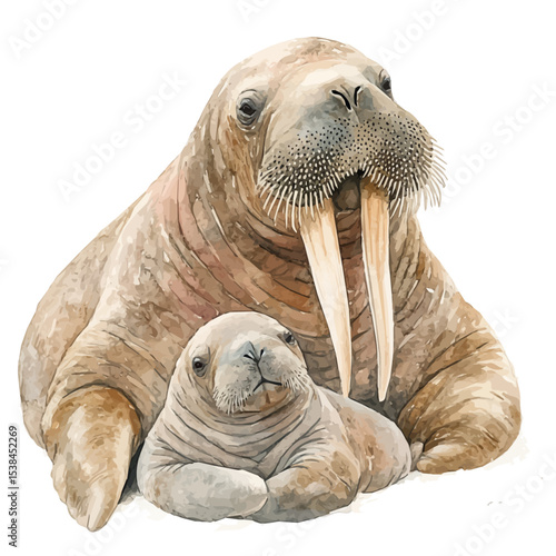watercolor vector of A Mother Walrus With Her Kid, isolated on a white background.