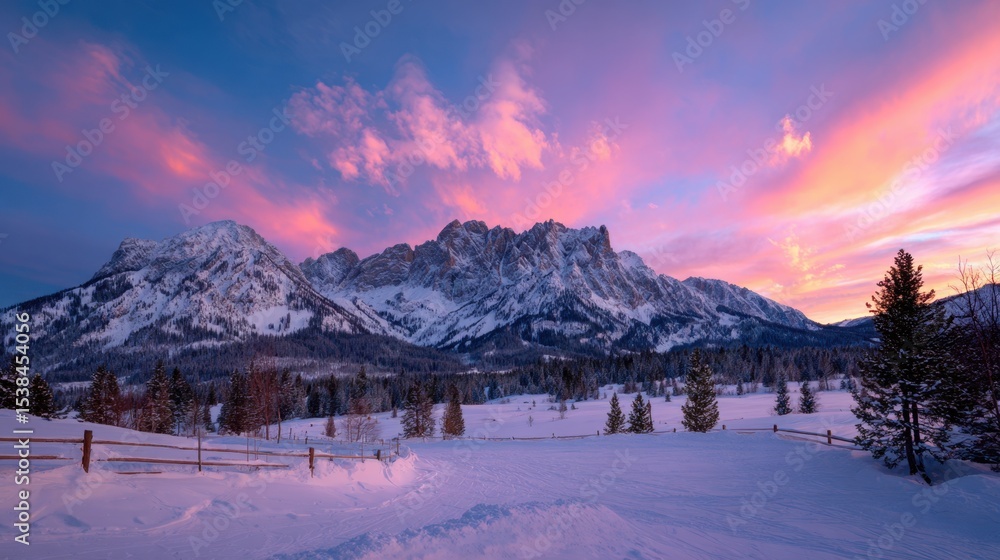 Fototapeta premium Winter wonderland landscape with snow covered mountains at sunset