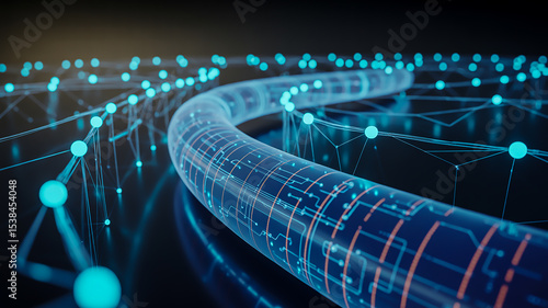 A futuristic digital pipeline visualization with a dark blue and black color scheme