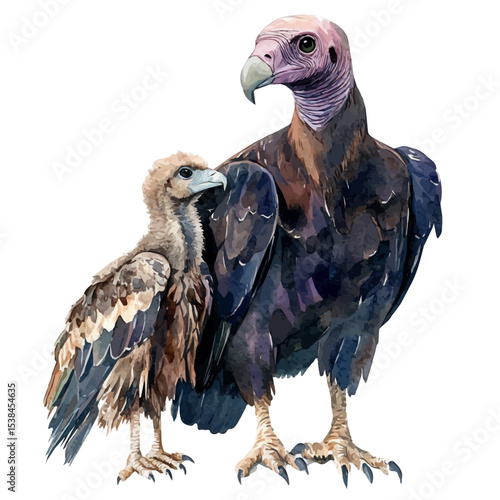 A Mother Vulture With Her Kid, watercolor clipart vector, isolated on a white background.