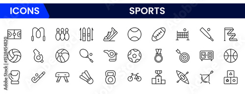 Dynamic vector web line icons depicting sports, athletic gear, competition, fitness, and energetic activities for enthusiasts and athletes.