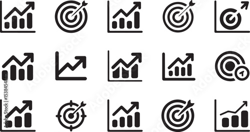 Set of Growth and Target Icons for Business and Success, A collection of black and white graphic icons depicting growth charts and target/bullseye imagery vector art on white