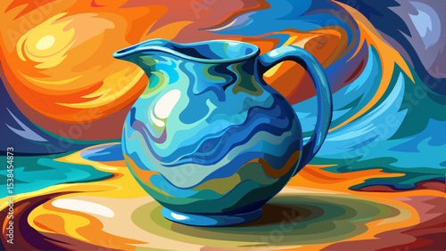 The surface of the ceramic jug. Covered with colored glaze. Rich shades of blue, turquoise color. Blurred image Very beautiful