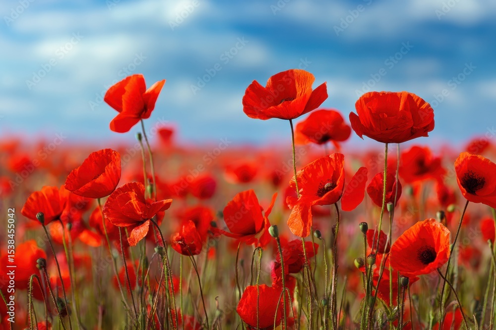 Fototapeta premium Vibrant red poppies flourishing in sunny fields perfect for nature lovers and floral decoration enthusiasts