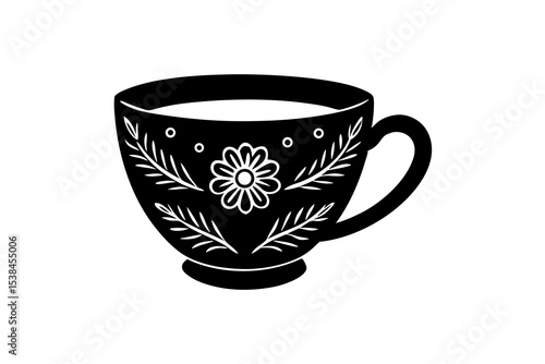 Hand-Drawn Boho Teacup Art with Floral Motif – Whimsical Vintage Style