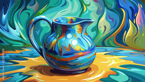 The surface of the ceramic jug. Covered with colored glaze. Rich shades of blue, turquoise color. Blurred image Very beautiful