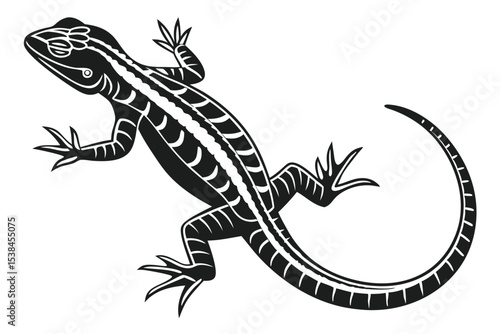 Detailed monochrome lizard with striped texture crawls, showcasing clawed feet and curled tail