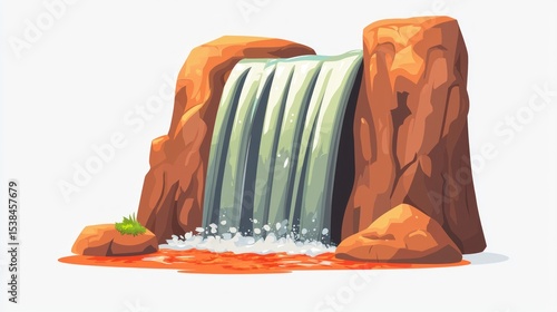 Cartoon Waterfall in Canyon, Illustration, Graphic, Background, Use Design Element, Stock Photo