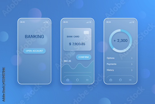 Set of smartphone frames in glassmorphism style, on the background of floating geometric shapes. Vector illustration.