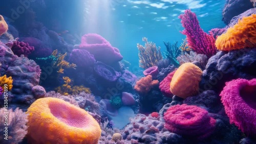 Wallpaper Mural Colorful Coral Reef: A vibrant coral reef teems with life beneath the ocean's surface, illuminated by the sunlight. Featuring the rich diversity of marine life and an underwater ecosystem. Torontodigital.ca