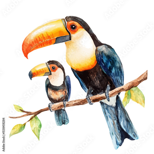 watercolor vector of A Mother Toucan With Her Kid, isolated on a white background.