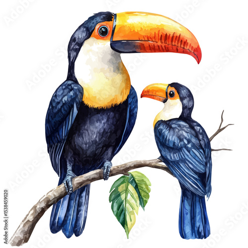 A Mother Toucan With Her Kid, watercolor illustration vector, isolated on a white background.