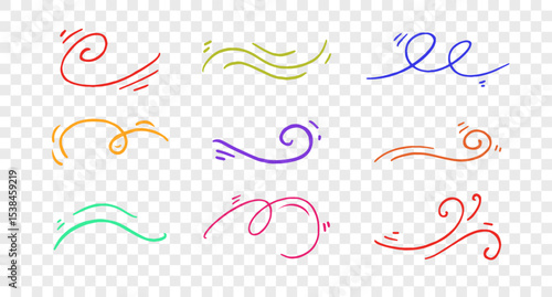 Nine colorful handdrawn swirls and lines suitable for abstract designs, stationery, backgrounds, and textiles. Great for vibrant and dynamic art projects