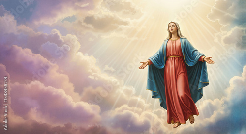 Virgin Mary rising to heaven with outstretched arms in clouds  