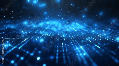 Futuristic metaverse digital landscape with glowing blue grid and virtual reality elements in abstract technology background template




