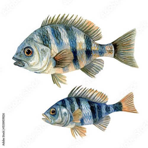 A Mother Tilapia With Her Kid, watercolor painting vector, isolated on a white background.