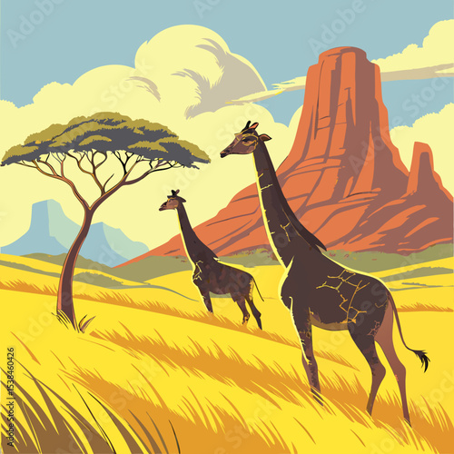 Safari desert sunset with silhouetted giraffes and camels