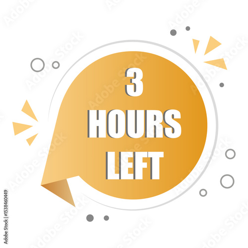 Yellow badge circle. Three hours left. Countdown number icon. Vector urgency alert.