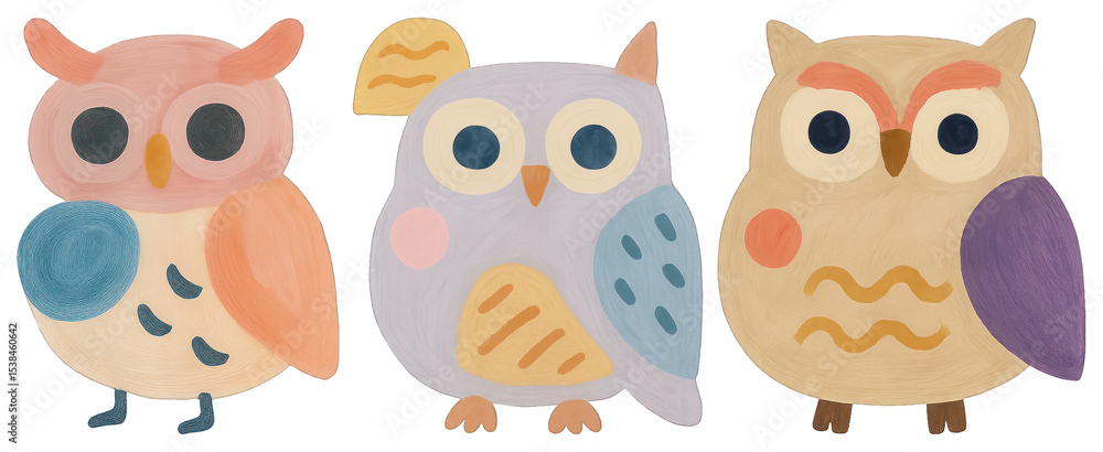 Fototapeta premium PNG Colorful whimsical owl illustration, element set on transparent background