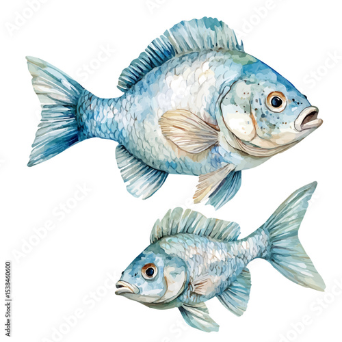A Mother Tilapia With Her Kid, watercolor painting vector, isolated on a white background.