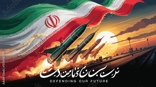 iranian flag with missiles at sunset and bold text "defending our future", symbolizing military strength, patriotism, and resilience