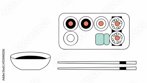 Sushi Set with Soy Sauce and Chopsticks