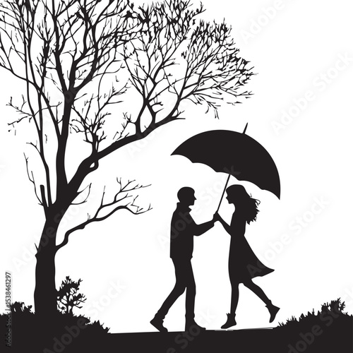 A loving couple, silhouetted under an umbrella, finds protection from the rain