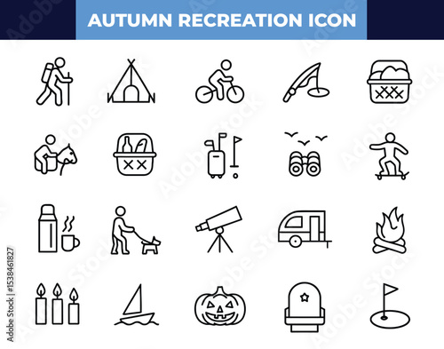 Autumn recreation icon set with adjustable line weight, featuring outline-style icons of hiking, camping, fishing, mushroom picking, birdwatching, and other fall activities.