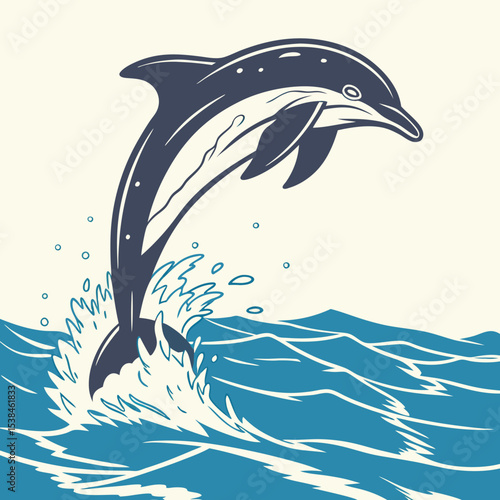 Dynamic vector illustration of a dolphin jumping through blue ocean waves, a perfect symbol of aquatic nature