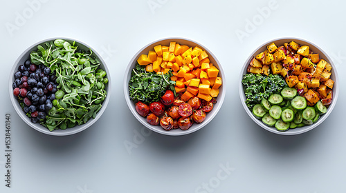 Three vibrant bowls, each containing a distinct medley of fresh, colorful ingredients, showcasing diverse textures and hues for healthy meal preparation