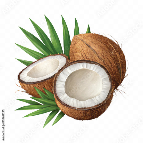 realistic 3d whole and cutout coconut with palm leaves  isolated on transparent background