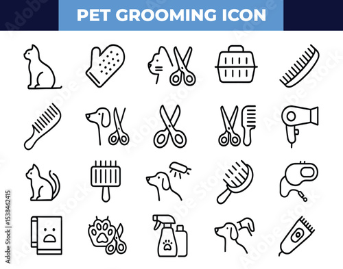 Pet Grooming Icon Set – Adjustable Line Weight | Dog, Cat, Scissors, Brush, Comb, Dryer, Clippers, Fur Care, Hygiene & Salon Tools Icons