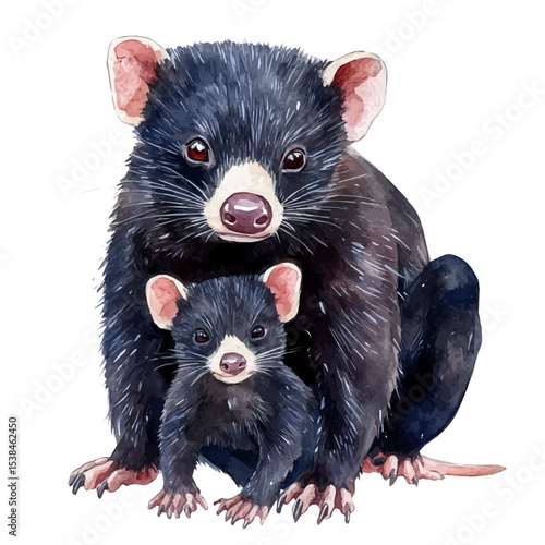 A Mother Tasmanian Devil With Her Kid, watercolor vector, isolated on a white background.