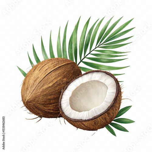 realistic 3d whole and cutout coconut with palm leaves  isolated on transparent background